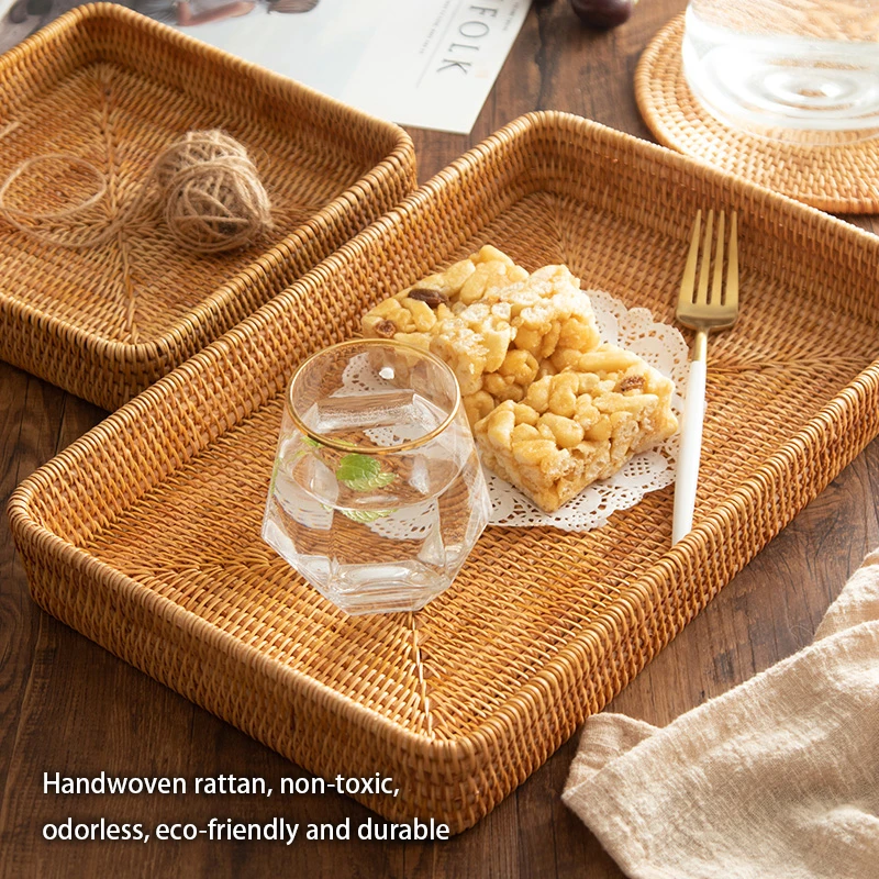 Handwoven Rattan Storage Tray Square Wicker Basket Bread Food Plate Fruit Cake Platter Dinner Serving Tray Kitchen Decoration wooden serving tray,kitchen tray,bamboo organizer tray