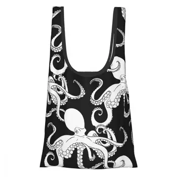 

Eco-Friendly Reusable Polyester Portable Shoulder Women's Handbags Vintage Octopus Foldable Pouch Shopping Bag