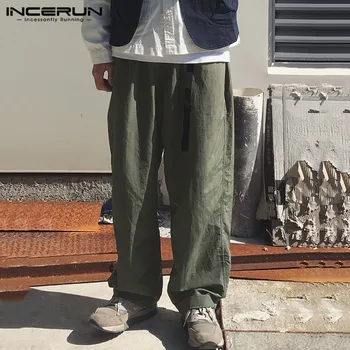 

INCERUN Men Wide Leg Pants Solid Harajuku Loose Streetwear Belt Cotton Joggers Harem Pants 2020 Retro Casual Trousers Men S-5XL