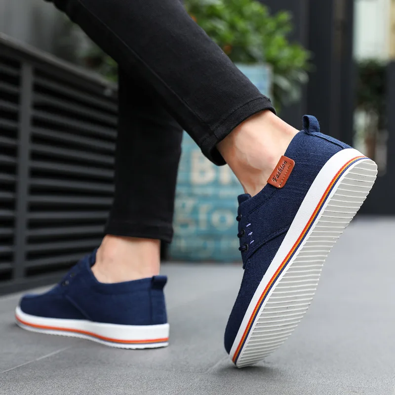 Casual shoes - blue linen size 9 Casual Men Linen Shoes Trendy Vulcanized Flats Lace-up  main image 2