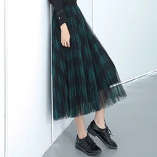 Женская клетчатая сетчатая юбка с высокой талией, свободная повседневная длинная Плиссированная юбка, женская элегантная юбка размера плюс в уличном стиле, юбки макси с зонтиком