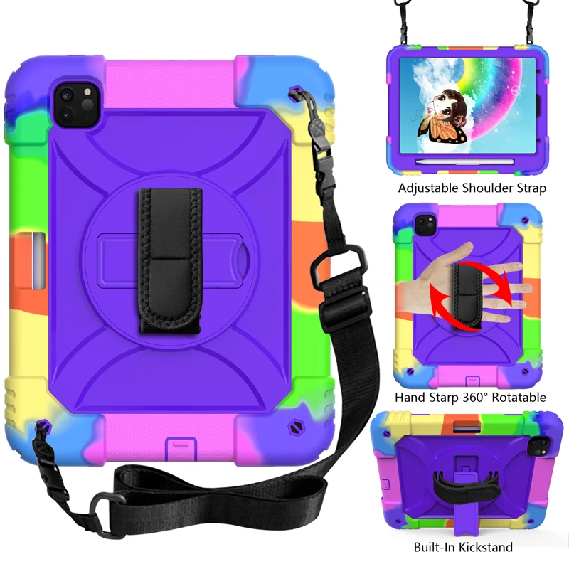 

Colorful Silion Case for iPad Air4 2020 Shoulder Strap 360 Rotation PC Stand Back Case for iPad8 2020 Handheld Shockproof Cover