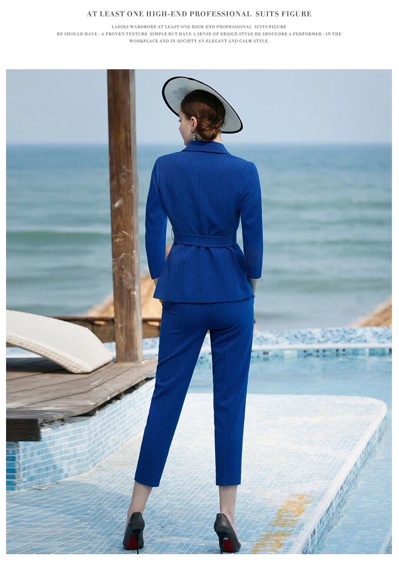 Женский набор офисных костюмов, профессиональный женский деловой женский костюм, плюс размер, синий полосатый Блейзер, брюки, дизайнерский