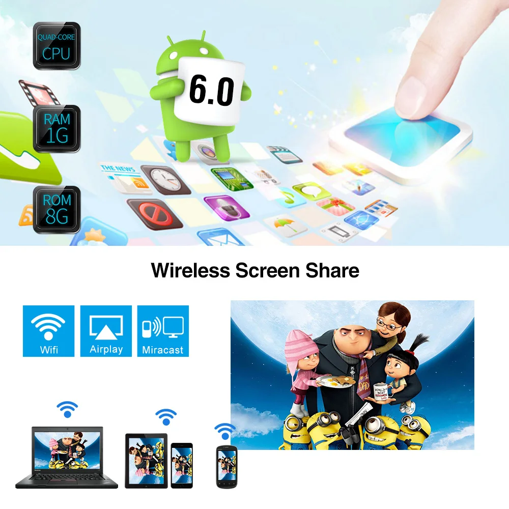 Портативный проектор wifi Bluetooth светодиодный Беспроводной Смарт Android 3200 люмен Домашний кино под открытым небом игровая клавиатура с HDMI USB VGA AV SD