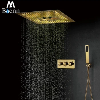 

M Boenn LED Shower Systems 16 Inch Rain Shower Head Panel Bathroom Faucets Gold Shower Set Bath Mixer Hot and Cold Valve Brass