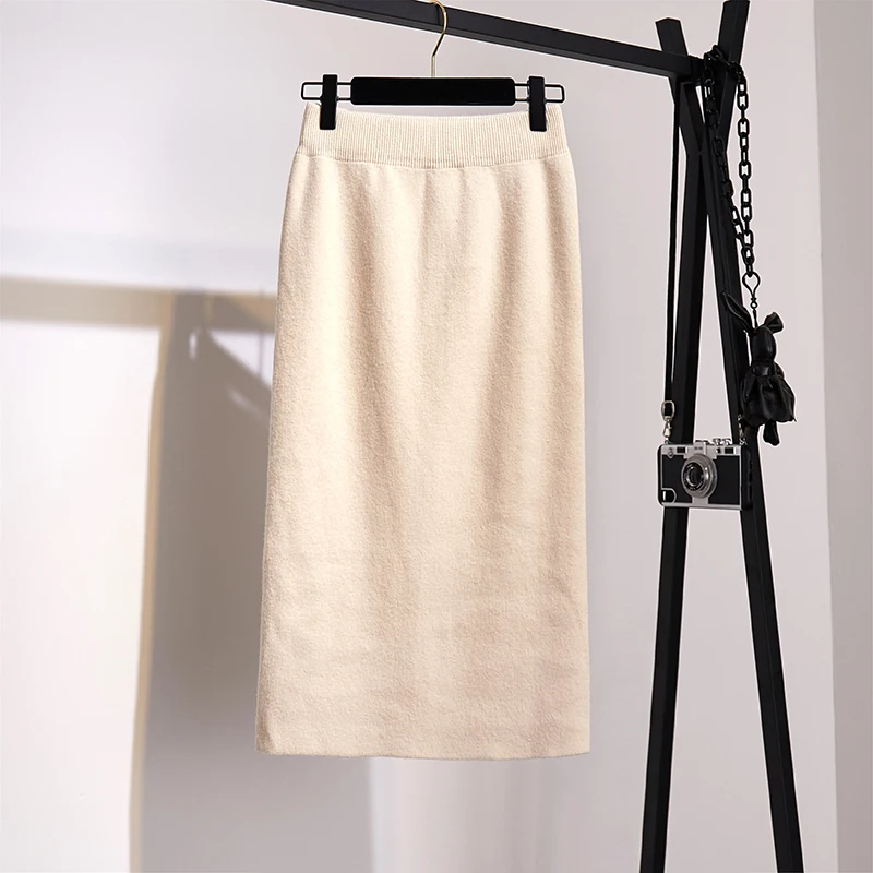 Зимние юбки, уплотненная Шерстяная Смесь, раздельная трикотажная юбка средней длины, кашемировые теплые облегающие вязаные юбки до середины икры