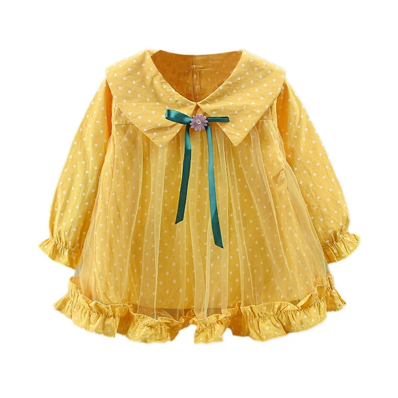 Коллекция года, Осеннее милое Сетчатое платье для детей платья для девочек детское платье принцессы с длинными рукавами Повседневная одежда в горошек для маленьких девочек