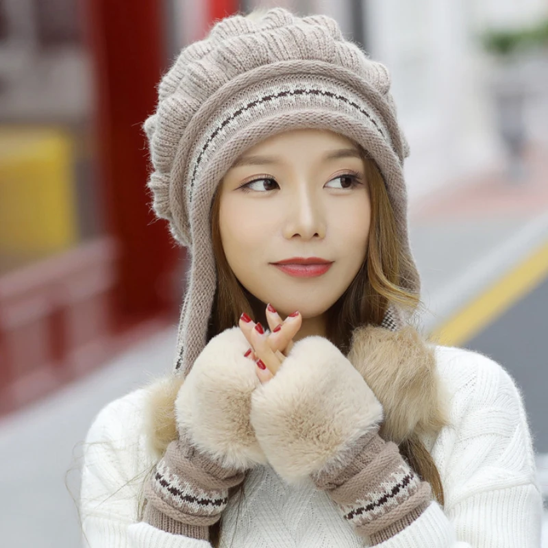 HT2690 Autumn Winter Hat Gloves Set Fur Pompoms Knitted Ear Flap Cap Ladies Fur Knitted Hat and Gloves Female Winter Accessories