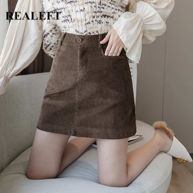 REALEFT Autumn Winter Solid Corduroy Sexy Mini Skater Skirts with Pocket High Waist Wrap A-Line Short 2019 New Arrival | Женская одежда