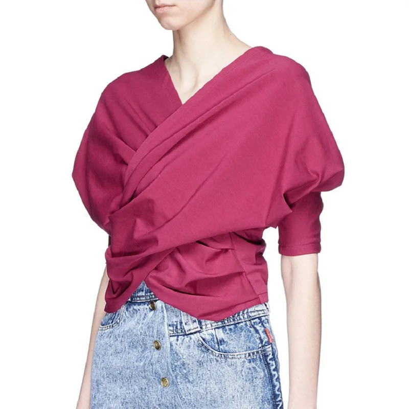

Summer 2020 New Women 100% Cotton T-shirt Rose Purple Female V-neck Cross Puff Sleeve Pleating Cotton Double Faced Top