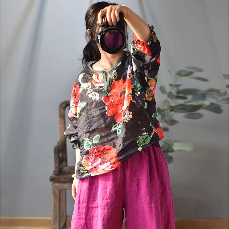 Women Ramie Printed Blouse Tops Female Vintage Print Ramie Latern Sleeve Shirts Ladies 2020 Spring Summer Ramie Shirt Tops 2