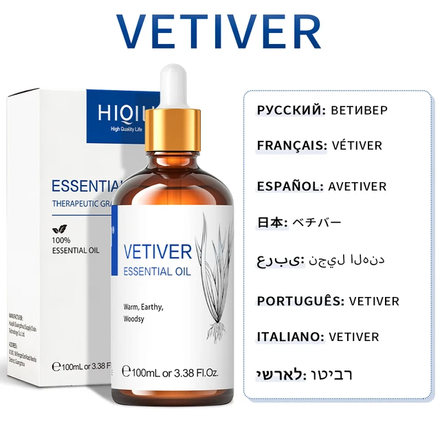 HIQILI 100ML Essential Oils ,Premium Pure Natural for Aromatherapy | Humidifier, Massage,Diffuser, Skin & Hair Care,Perfume DIY Vetiver