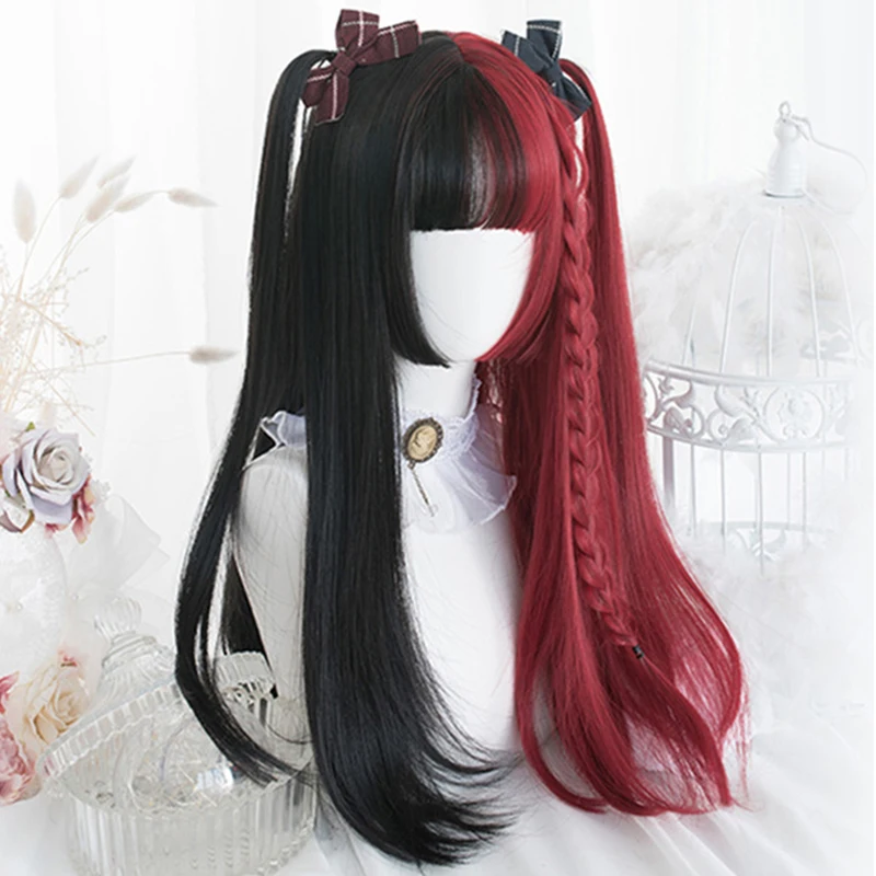 LUPU-Peluca de cabello sintético para mujer, cabellera artificial con flequillo largo y liso, color rojo, Rubio, negro y rosa, resistente al calor