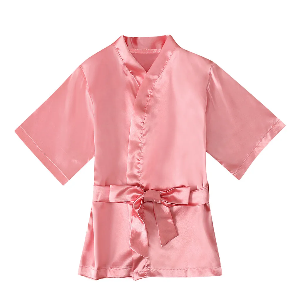 Children's Girl Pink Robe Solid Silk Satin Kimono Bathrobe Birthday Pyjamas Nightgown Kids Sleepwear Boy Girls Robes 1-5 Years