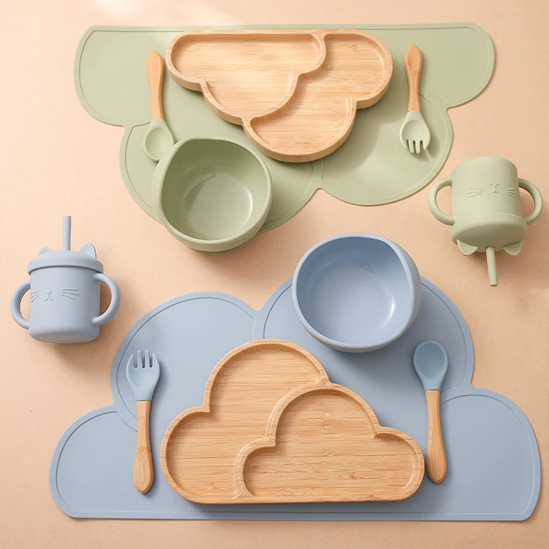 6pcs Baby Silicone Plate Spoon Set Baby Feeding Silicone Bowl  for kid Non-slip Bamboo Wood Dinner Plate Silicone Tableware 3