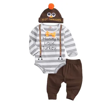 

0-18M Newborn Baby Boy Thanksgiving Clothes Set Cute Little Gentleman Outfit 3Pcs Printed Romper+Pants+Hat