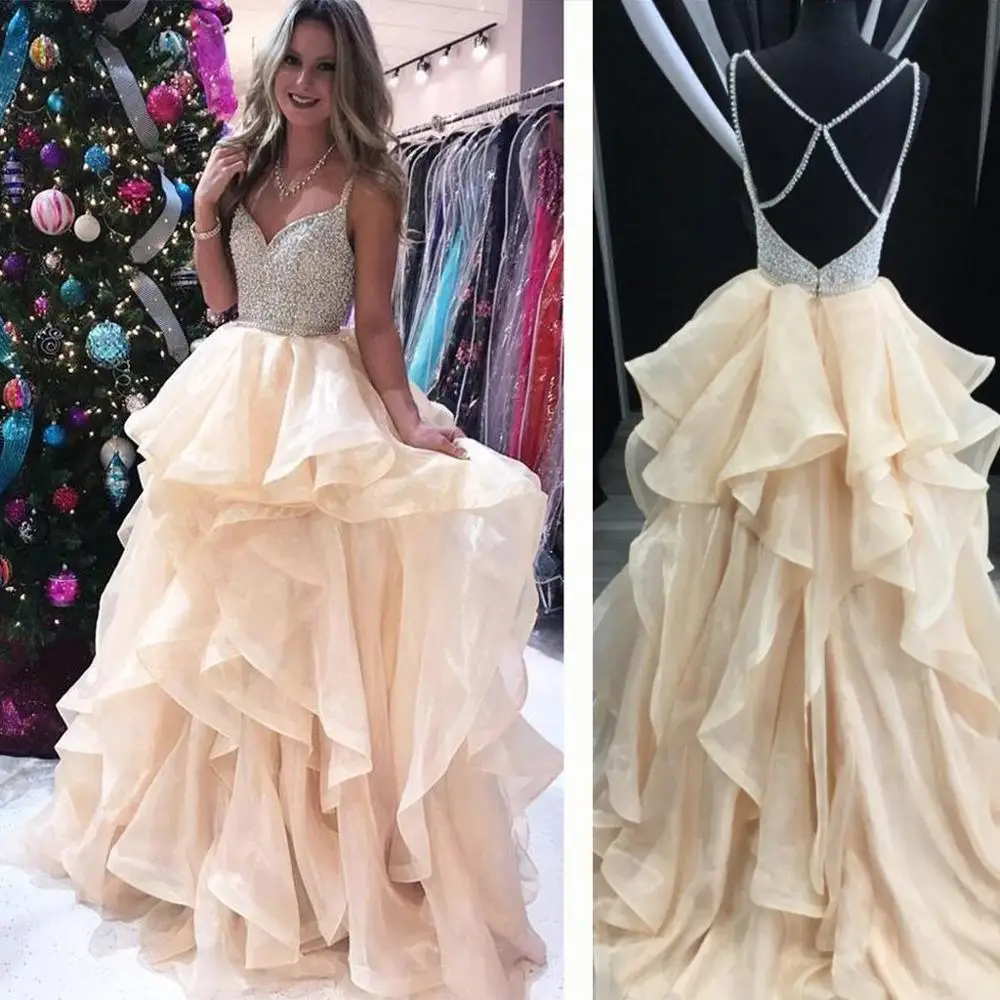 

2019 Fashion V Neck Champagne Long Prom Dresses Beading Bodice Sexy Backless Evening Dress Party Gown Vestido De Festa