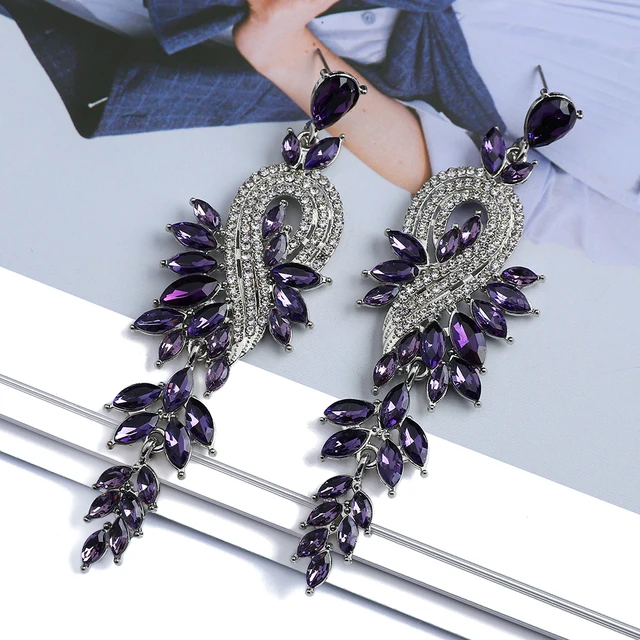 Design Dangle Earrings For Women Girl Luxury Elegant Metal Hollow Chain Leaves Crystal Brincos Pendant Jewelry Ear Accessories Purple
