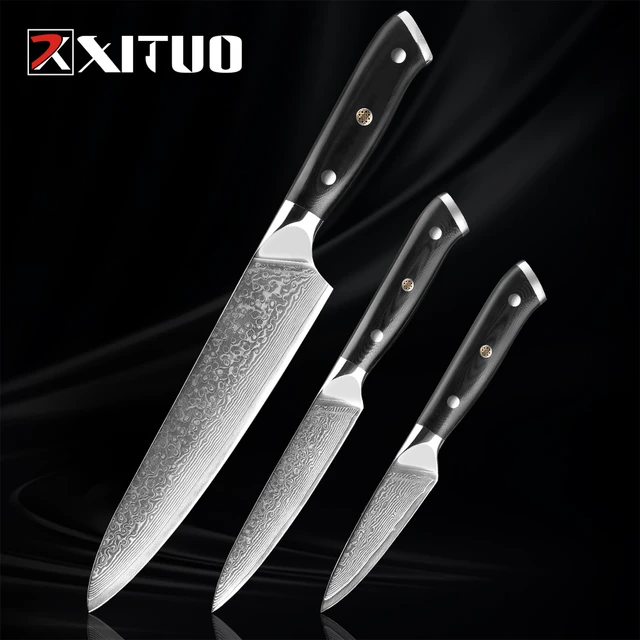 3 Piece Kitchen Knife Set Japanese Damascus Pattern Stainless Steel Chef  Knives