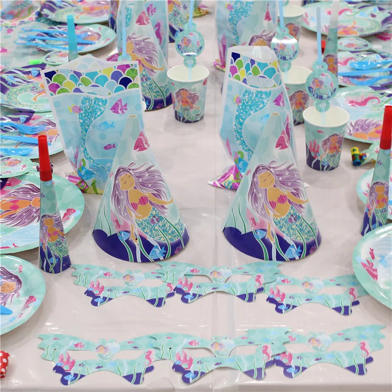 Disposable Tableware Mermaid Themed Party Birthday Party Decorations Kids Party Supplies Paper Plates Cake Hats