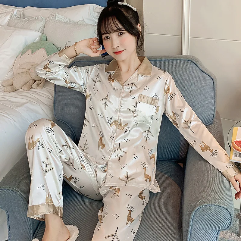 

[Temperature Attitude Warm] Spring Printed Cardigan Model Silk Pajamas Korean-style Long Sleeve Large Size Viscose Set-Outer Wea