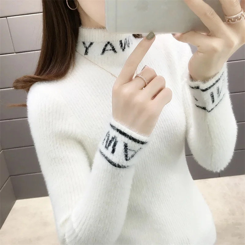 

5517 (No. 1 in 4th row of Dongfang) Autumn and Winter Women's Half-high-collar Letter Slimming Wool Knitted Bottom Sweater 28ff