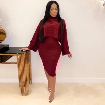 

2019 Outfits Tracksuit Knit Women Sets Elegant Turtleneck Sweater and Sleeveless Dress Suit Sexy Two Piece Set Autumn Winter