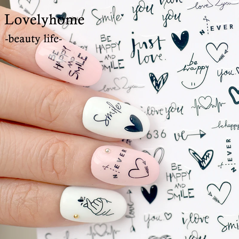 3d-Nail-Sticker Manicure-Decorations Letters Smile Self-Adhesive Love-Arrow-Design Black