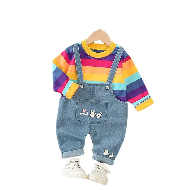 

New Spring Autumn Baby Girls Clothes Cute Children Striped Cotton T-Shirt Overalls 2Pcs/Set Toddler Casual Costume Kids Clothing