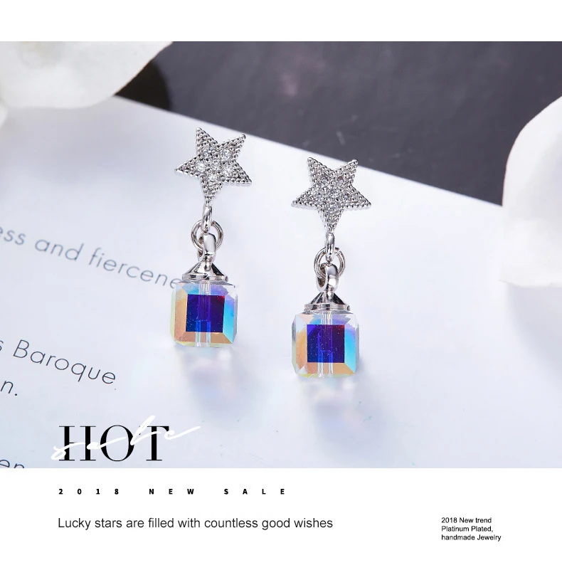 Warme Farben Crystal from Swarovski Earrings for Women S925 Sliver Square Cube Crystal Drop Earrings Korean Earrings Brincos