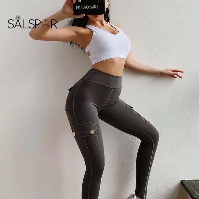 SALSPOR Women Leggings Fitness Sports High Waist Leggins Pocket Push Up Pants Workout Leggings Cargo Pants Casual Hip Pop Pants 2