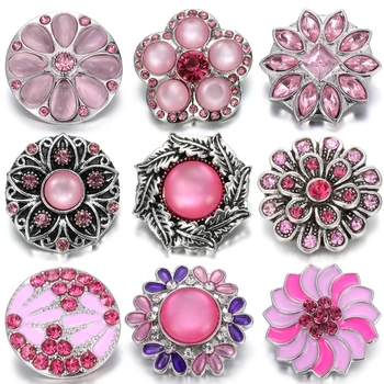 

6pcs/lot New Snap Jewelry Pink Rhinestone Flower 18mm Snap Buttons Fit 18mm Snap Button Necklace for Women