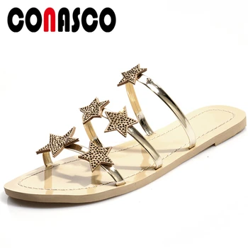 

CONASCO 2020 Summer Fashion Women Patent Leather Sandals Slippers Flat With Star Rhinestone Narrow Band Rome Beach Shoes Woman