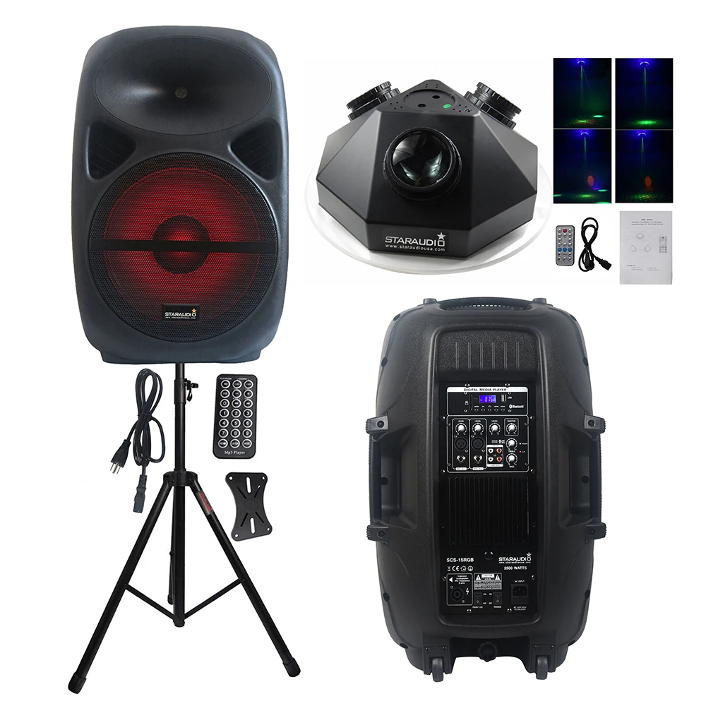 

STARAUDIO 2500W 15" PA Audio Powered Active Speaker System Stage DJ Stand 2 in 1 Stage Club KTV RGB Laser Light System SCS-15RGB