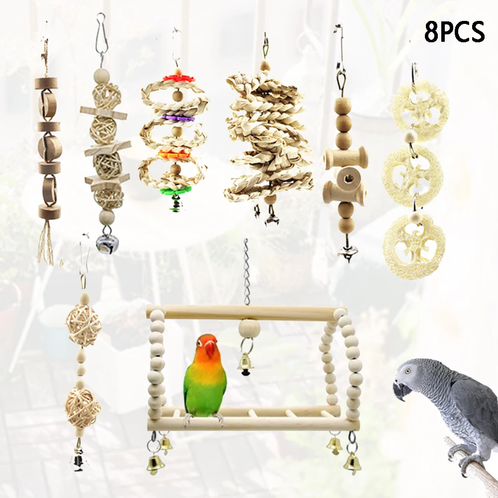 8pcs Wooden Swing Chewing Parrot Budgie Cage Hanging Training Home Funny Accessories Bird Toy Set Cockatiels Primary Color | Дом и сад