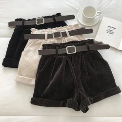 Corduroy calças curtas para mulher casual sólido elástico cinto de pulso moda mais tamanho botão confortável elegante outono perna larga
