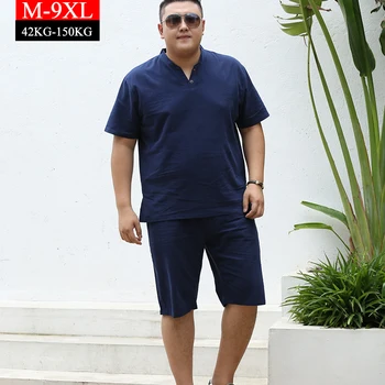 

M-9XL Plus Size Summer Suits Casual Loose Short-sleeved T-shirt+Shorts Men's Cotton linen V-neck Navy Two Pieces Sets Clothing