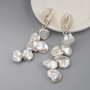 

BOROSA Silver Cowrie Shell Natural Pearl Earrings Irregular Baroque Pearl Dangle Earrings Long Earrings for Women Gifts HD0197