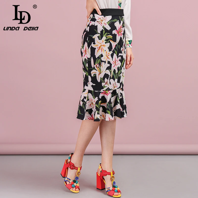 LD LINDA DELLA Fashion Runway Autumn Trumpet Mermaid Skirt Women's Floral Printed Ruffled High Waist Elegant Vintage Midi Skirt