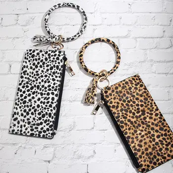 

JUST FEEL New PU Leather Tassel Wristlet Keychain And Leopard Coin Purse Phone Wallet Key Rings Women Girls Fashion Accessories