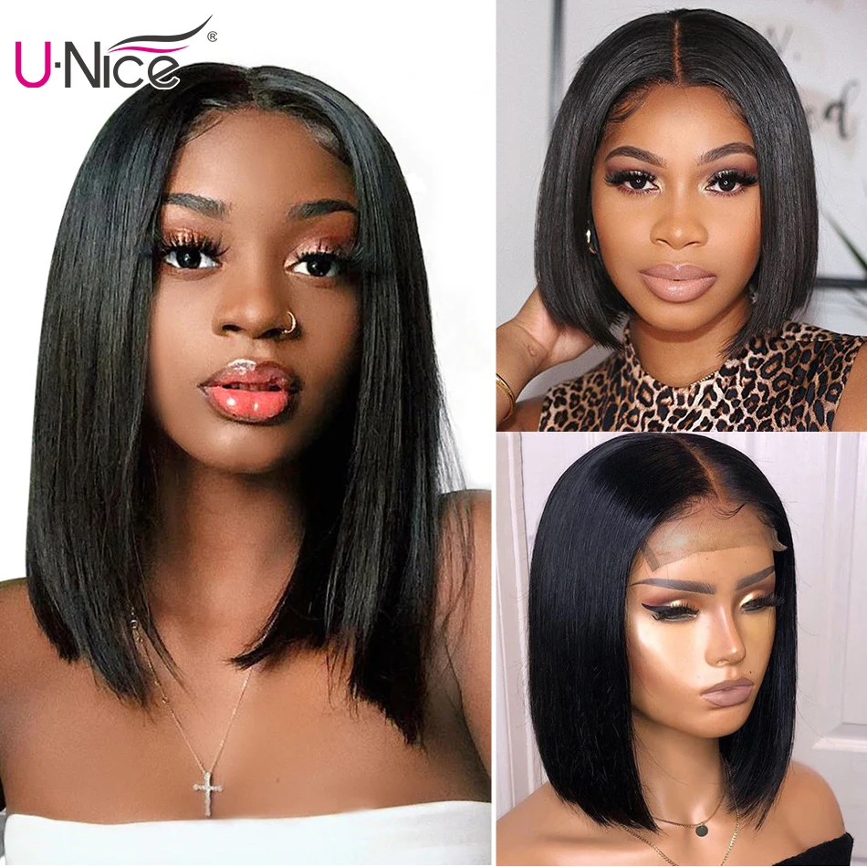 Unice pelo contundente corte Bob peluca brasileña de encaje recto cierre peluca pelucas de cabello humano para las mujeres negras virgen cierre 4x4 peluca