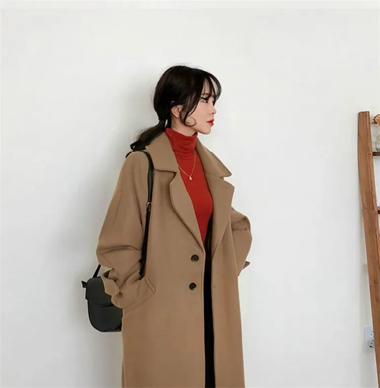 2021 Autumn Winter New Woolen Coat Women Korean Femme Black Wild Wool Jacket Female Fashion Long Loose Ladies Overcoat S2284 long puffer coat womens