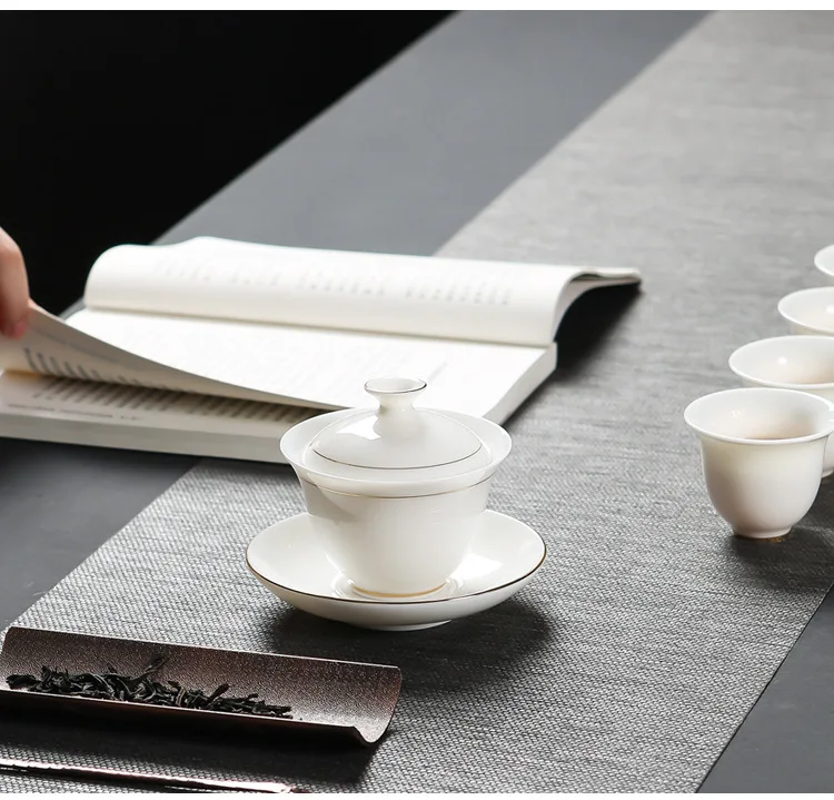 Dehua Ceramic Whiteware Manufacturers White Jade Porcelain Gold Foil Top Grade Business Gift Ceramic Kung Fu Travel Tea Set Whol