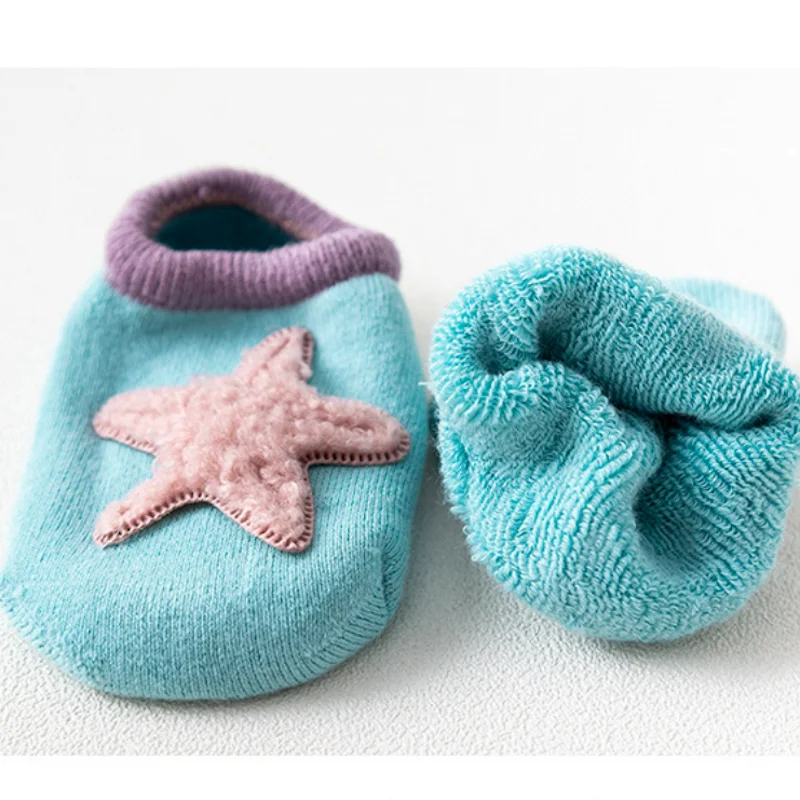 Зимние Нескользящие Детские Носки с рисунком морской звезды, махровые носки-башмачки для дома, носки из чесаного хлопка для маленьких мальчиков и девочек