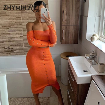 

ZHYMIHRET Fashion Slash Neck Crop Top And Midi Skirt Set Women 2019 Autumn Ribbed Rivet Two Piece Set Dress Party Night