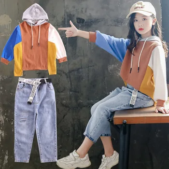 

New Arrived Teen Girls Clothing Set Autumn Fashion Hooded Top + Jeans 2-Piece Set Of Korean Children'S Clothes