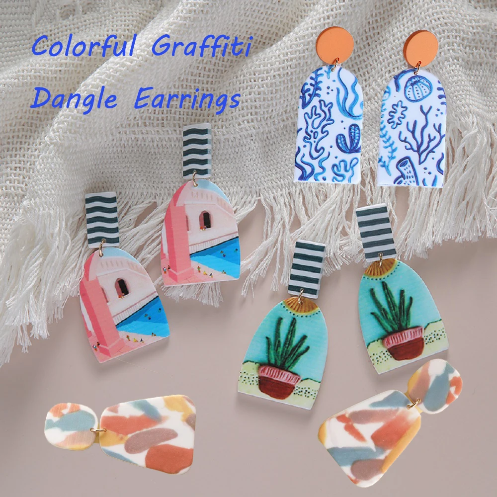 New Acrylic Printing Graffiti Earrings Beach Swimming Pool Cactus Ladies Long Pendant Jewelry | Украшения и аксессуары