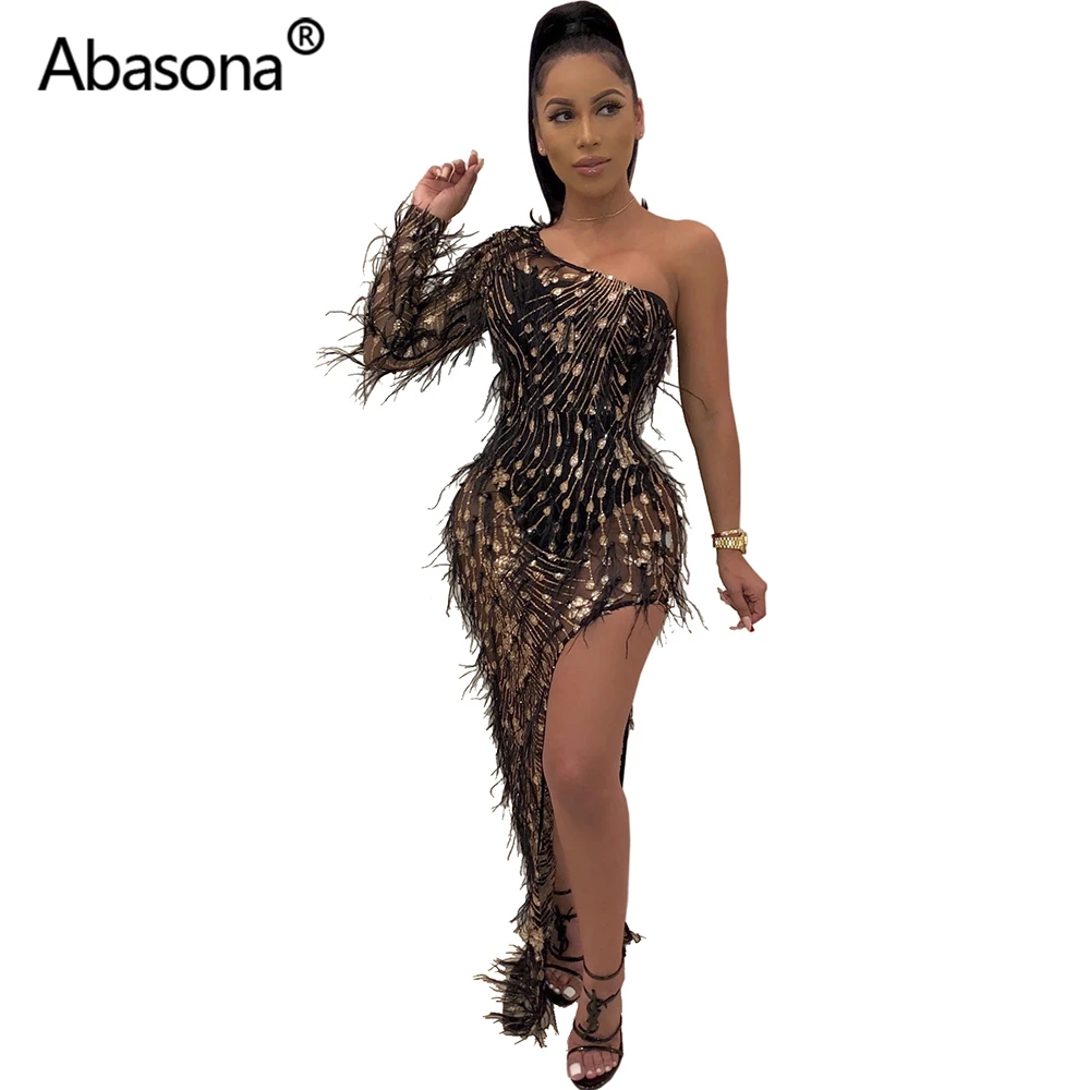 Abasona, женское осенне-зимнее платье макси, с вырезом лодочкой, сплошное, с длинным рукавом, с мехом, с бисером, облегающее, сексуальное, Клубное, вечернее платье - Цвет: Черный