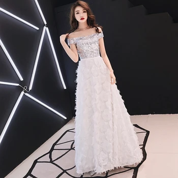 

Romantic evening dress women 2019 new noble banquet temperament long dress skirt white sequins were thin simple elegant dress