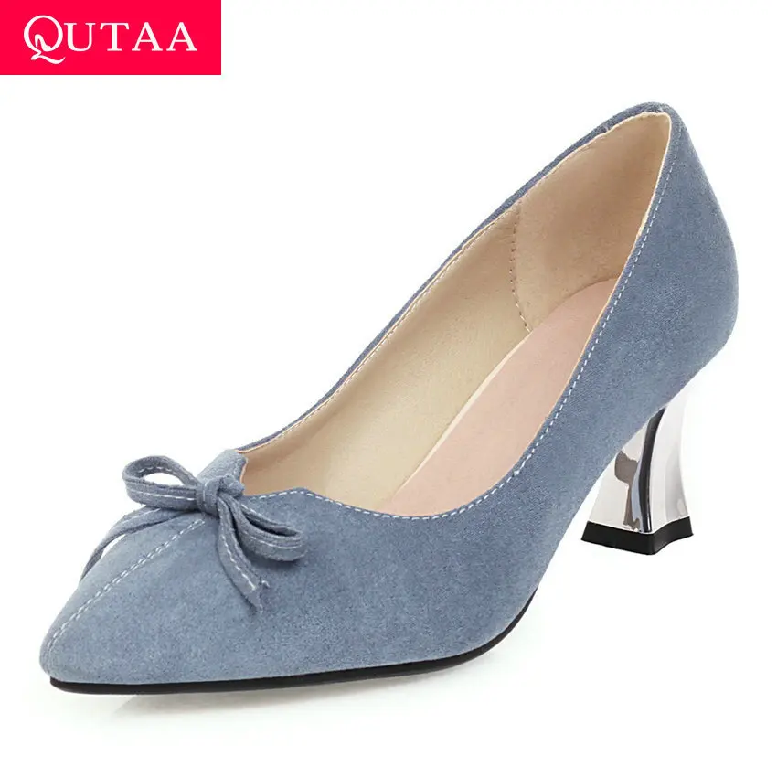 

QUTAA 2020 Butterfly-Knot Pointed Toe Elegant Ladies Pumps Fashion Square High Heel Flock Slip on Women Single Shoes Size 34-43